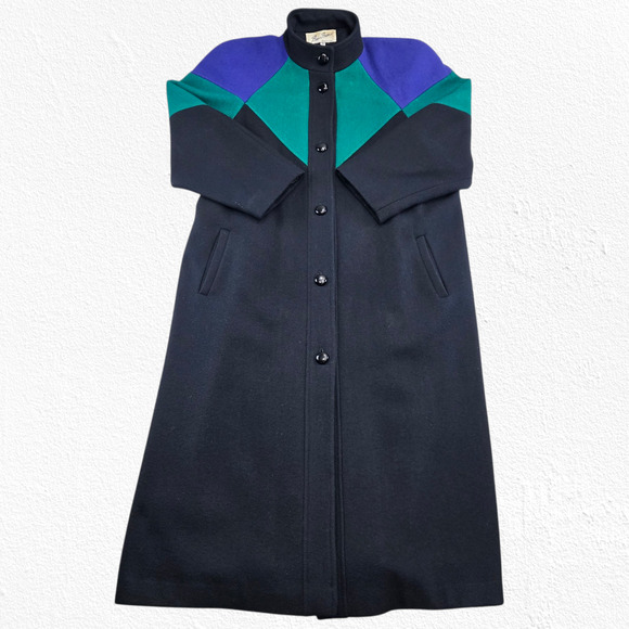 Vintage 80s Colorblock Wool Coat Blue Green Black Beau Brem Overcoat Size 16 - Picture 2 of 12